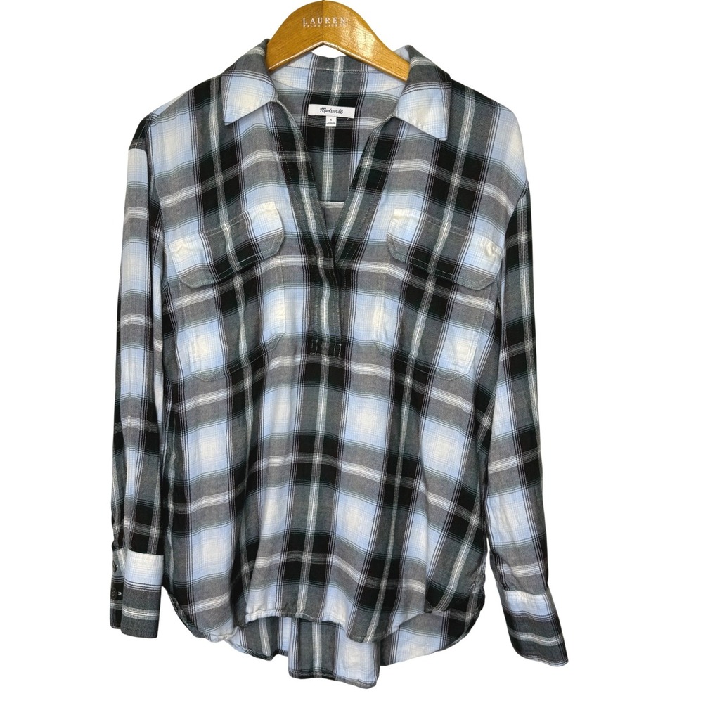 Madewell Popover Flannel Shirt Womens Small Plaid City Blue